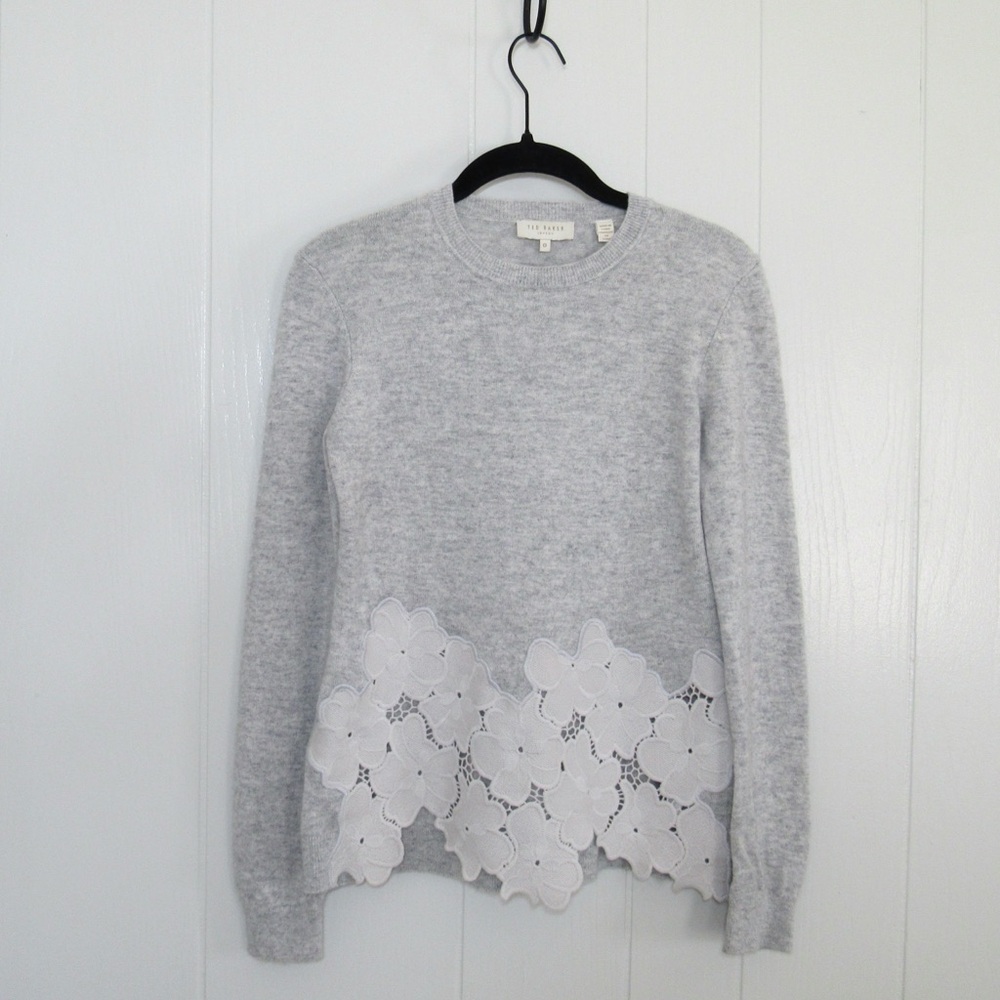 Ted Baker ”Jayya” Gray Cashmere/Wool Blend Floral Lace Bottom Sweater Sz 0/ US 2